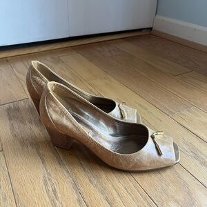 Ecco Gold Peep-Toe Block Heels